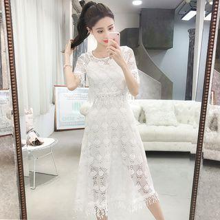 Set: Spaghetti Strap Lace Dress + Lace Short-sleeve Top