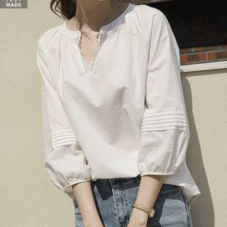Laced Open-placket Pintuck Blouse White - One Size