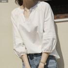 Laced Open-placket Pintuck Blouse White - One Size