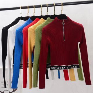 Lettering Zip Detail Long-sleeve Knit Top