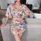 Floral Satin V-neck Short-sleeve Mini Bodycon Dress