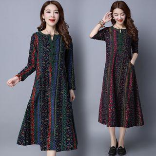 Long-sleeve Patterned A-line Midi Dress