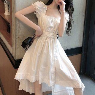 Short-sleeve Lace Trim High Low A-line Dress