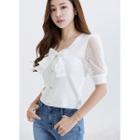 Lace-sleeve Rhinestone-button Knit Top With Brooch