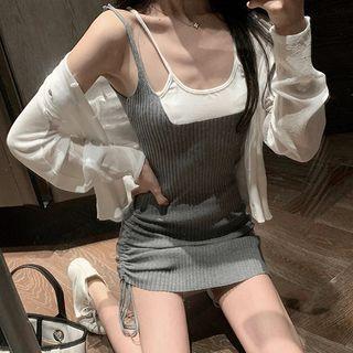Mock Two-piece Sleeveless Drawstring Knit Mini Bodycon Dress