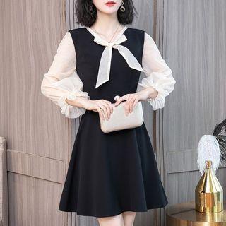Puff-sleeve Tie-neck A-line Dress