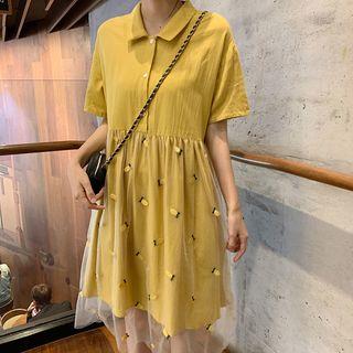 Short-sleeve Layered Mesh A-line Dress Yellow - One Size