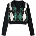 Open-collar Cropped Argyle Sweater