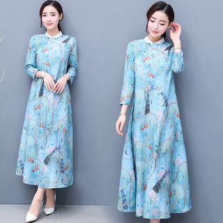 Long-sleeve Printed A-line Maxi Dress