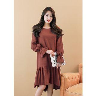 Long-sleeve Frill-edge Dip-back Midi Dress