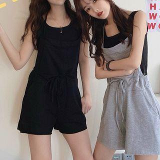Set: Plain Tank Top + Halter-neck Wide-leg Jumper Shorts