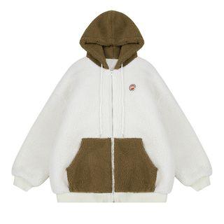 Color Block Faux Shearling Hooded Zip Jacket