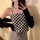 Set: Checkerboard Pattern Camisole Top + Long-sleeve Shrug Camisole Top - Black & White - One Size / Shrug - Black - One Size