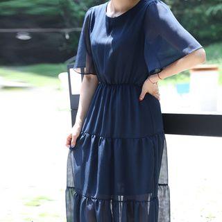 Flutter-sleeve Tiered-hem Midi Dress Navy Blue - One Size