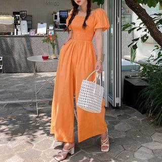 Puff-sleeve Smocked Panel Jumpsuit