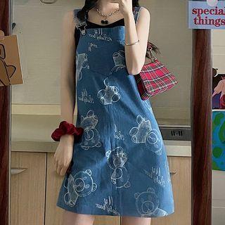Bear Print Denim Mini A-line Overall Dress Blue - One Size