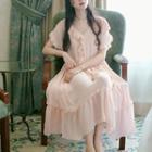 Set: Short-sleeve Ruffle-trim Midi A-line Dress + Slipdress