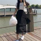 Short-sleeve Lettering T-shirt / Tiered A-line Midi Skirt