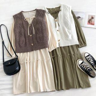 Set:plain Lace-up Crewneck Long-sleeve Dress + Plain Knit Vest