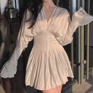Long-sleeve V-neck Mini A-line Dress White - One Size