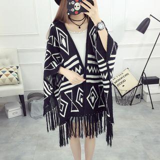Patterned Fringed Knit Cape