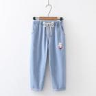 Rabbit Embroidered Cropped Harem Jeans
