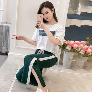 Set: Lettering Short-sleeve T-shirt + Color Block Wide-leg Pants
