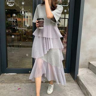 Elbow-sleeve Mesh Trim A-line Midi Dress
