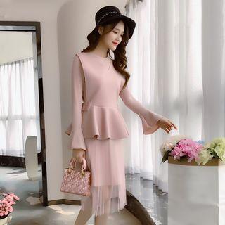 Set: V-neck Knit Vest + Mesh Panel Long-sleeve Midi Knit Dress