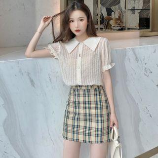 Set: Short Sleeve Blouse + Plaid Fitted Skirt