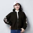 Flower Embroidered Knitted Bomber Jacket