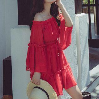 Off-shoulder Bell-sleeve Chiffon Dress