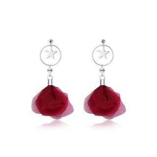 925 Sterling Silver Elegant Fashion Sweet Romantic Stars Moon Red Flower And Petals Earrings Silver - One Size