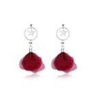 925 Sterling Silver Elegant Fashion Sweet Romantic Stars Moon Red Flower And Petals Earrings Silver - One Size