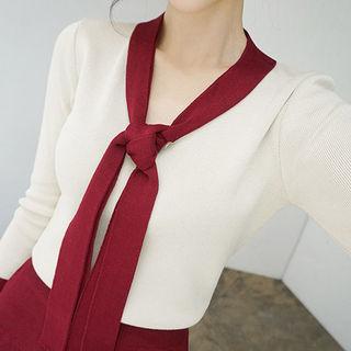 Set: Beribboned Contrast-trim Knit Top + Pencil Skirt