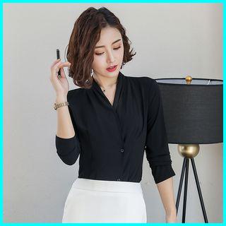 V-neck Chiffon Blouse / Striped Dress Pants / Pencil Skirt / Set