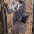 Long-sleeve Leopard Print Slit Midi A-line Dress