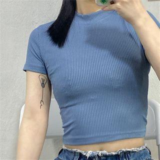 Mock-neck Plain Short-sleeve Ribbed Top