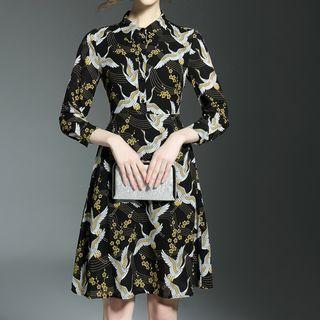 Crane Print 3/4 Sleeve Collared Dress