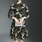 Crane Print 3/4 Sleeve Collared Dress