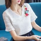 Floral Embroidered V-neck Short-sleeve Lace Top