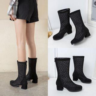 Mesh Panel Mid-calf Block Heel Boots