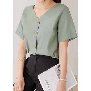 Plus Size - V-neck Linen Blend Blouse