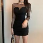 Dotted Mesh-sleeve Shirred Mini Sheath Dress Black - One Size