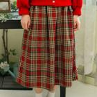 Gathered Long Plaid Skirt Red - One Size