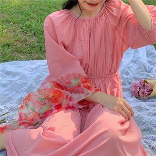 Puff-sleeve Bow Back Midi Shift Dress