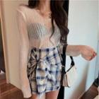 Long-sleeve Plain Knit Top / High-waist Tie Plaid Slim Fit Skirt