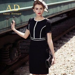 Short-sleeve Contrast-trim Sheath Dress