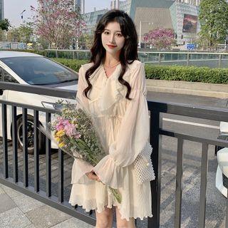Set: Puff-sleeve Ruffled A-line Dress +slipdress