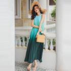 Halter-neck Gradient Pleated Maxi A-line Dress